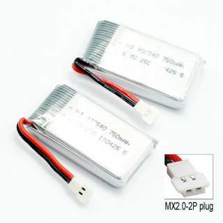 2PCS 3.7V 1S 750mAh 25C LiPO Battery MX2.0-2P plug
